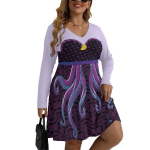 Ursula Women's Long Sleeve Dress, Plus Size, Ursula Villain, Halloween, Cosplay Villain, Purple Octopus Tentacles, Sea Witch, Gift for Her