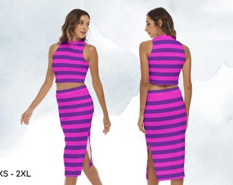 May include: A two-piece set consisting of a sleeveless high-neck crop top and a midi-length skirt, both featuring horizontal stripes in vibrant magenta and deep purple. The skirt includes a side slit. The text XS - 2XL is visible in the corner.