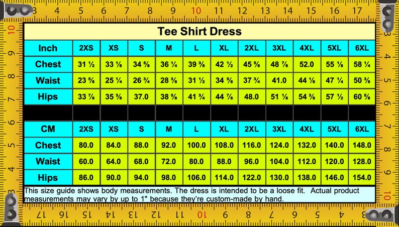 a ruler with a chart of tee shirt sizes