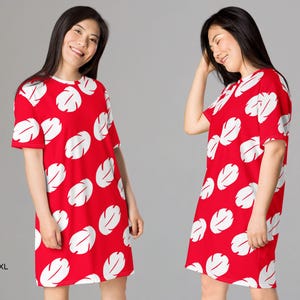 a woman wearing a red and white dress