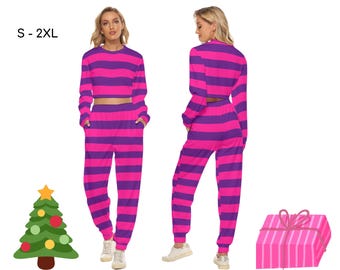 Alice in Wonderland Sweatpants & Long-Sleeved Crop Top SET, Cheshire Cat, Gift for Her, Halloween Costume, Cosplay, Birthday Gift ++Y