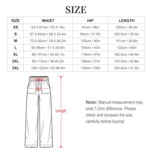 a pair of pants, with measurements and a waistband depicted. The pants are described as being of different sizes, including XS, S, M, L, XL, 2XL, and 3XL. The waistband is shown to be adjustable, allowing for a comfortable fit. The image also includes a note that manual measurement may exist 1-2cm difference, and it encourages the viewer to carefully compare the sizes before purchasing.