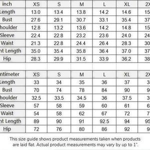 The image is a size guide for clothing items, providing measurements for various sizes such as XS, S, M, L, XL, and 2XL. The guide lists the corresponding measurements for different body types, including bust, shoulder, sleeve, waist, pant, hip, and centimeter measurements. The guide also mentions that actual product measurements may vary by 1 unit.