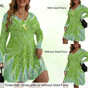Tinkerbell Inspired Plus Size Women&#39;s V-neck Long Sleeve Dress With or Without Gold Fairy, Gift for Her, Adult Halloween Costume, Sexy BBW