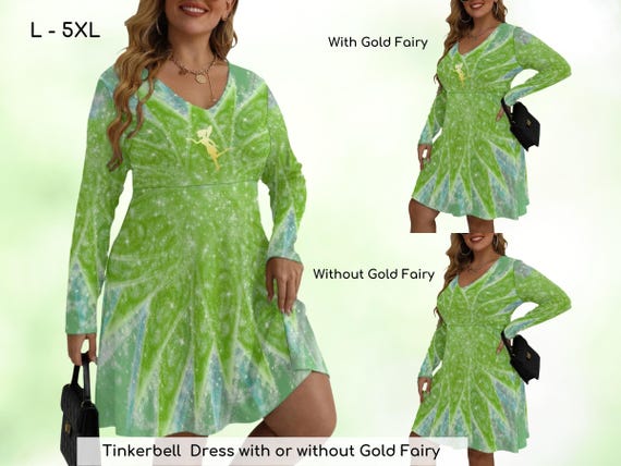 Tinkerbell Inspired Plus Size Women's V-neck Long Sleeve Dress With or Without Gold Fairy, - Etsy Tinkerbell Inspired Plus Size Women's V-neck Long Sleeve Dress With or Without Gold Fairy, - Etsy