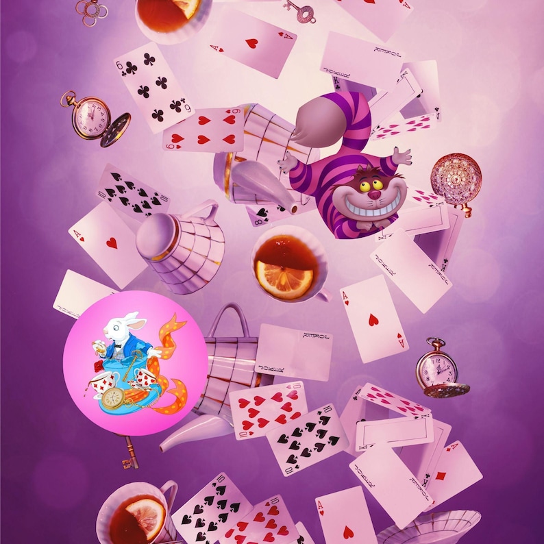 The image is a vibrant and whimsical collage featuring various elements associated with the classic story of Alice in Wonderland. It includes playing cards, a clock, a key, a cup, a bowl, a slice of orange, and a cat. The objects are scattered throughout the image, creating a sense of movement and energy. The overall color scheme is a mix of purple, pink, and orange, which adds to the playful and fantastical atmosphere of the scene.