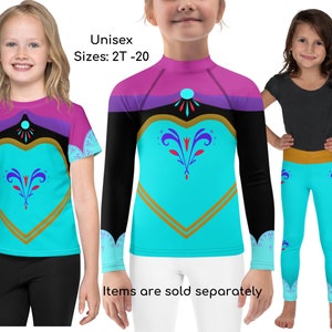 Elsa Frozen Inspired Kids & Youths Sport Clothing, T-Shirt, Leggings, Rash Guard, Cosplay Outfit, Halloween Costume, Gift, Birthday Gift ++Y
