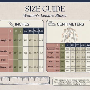The image is a size guide for women's leisure blazer, providing measurements for different sizes such as SM, M, L, XL, 3XL, 4XL, 5XL, and XXL. The guide includes illustrations of the blazer and a ruler for scale.