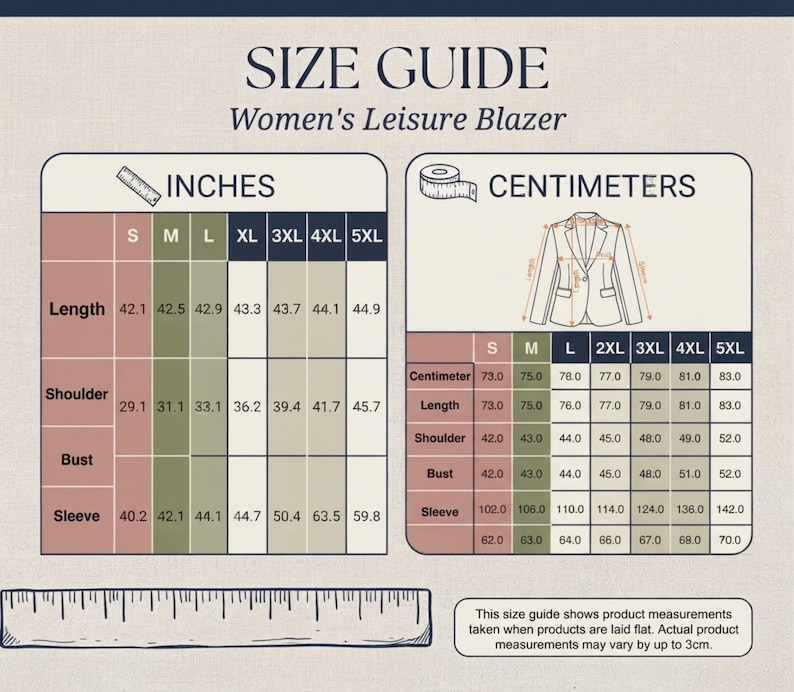 The image is a size guide for women's leisure blazer, providing measurements for different sizes such as SM, M, L, XL, 3XL, 4XL, 5XL, and XXL. The guide includes illustrations of the blazer and a ruler for scale.