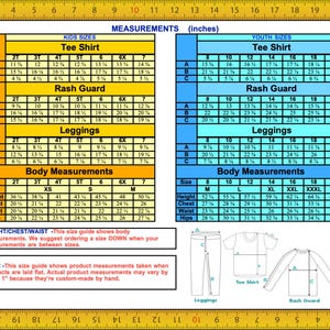 a detailed size chart for children's clothing, including measurements for various items such as tee shirts, rash guards, leggings, and body measurements. The chart provides specific measurements for different age groups and sizes, allowing customers to choose the appropriate size based on their child's age and height. The chart also includes illustrations of the clothing items to help customers visualize how the items would look when worn.