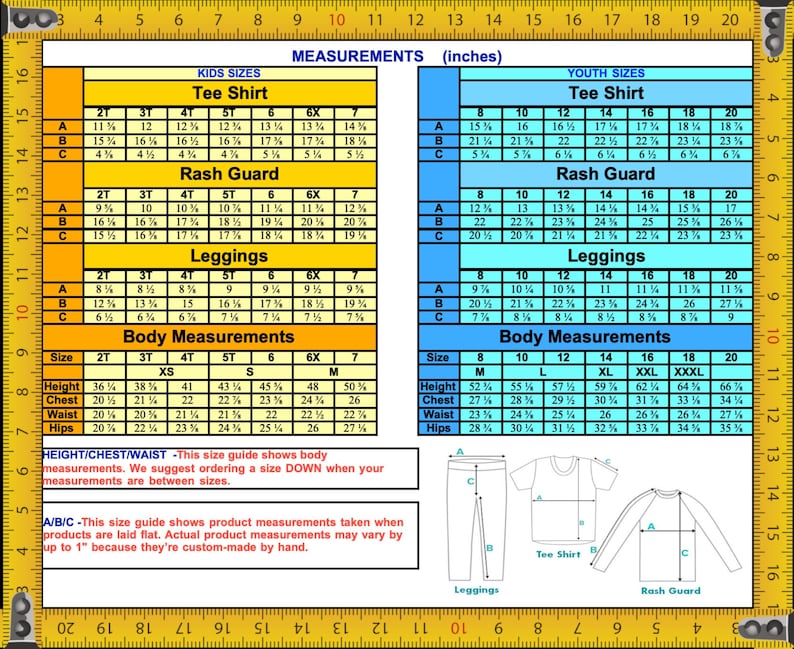 a detailed size chart for children's clothing, including measurements for various items such as tee shirts, rash guards, leggings, and body measurements. The chart provides specific measurements for different age groups and sizes, allowing customers to choose the appropriate size based on their child's age and height. The chart also includes illustrations of the clothing items to help customers visualize how the items would look when worn.