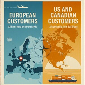 The image is a collage of two maps, one showing European customers and the other showing US and Canadian customers. The maps are divided into two sections, with the European map on the left and the US and Canadian customers map on the right. The image also includes a ship and a compass, suggesting a maritime theme.