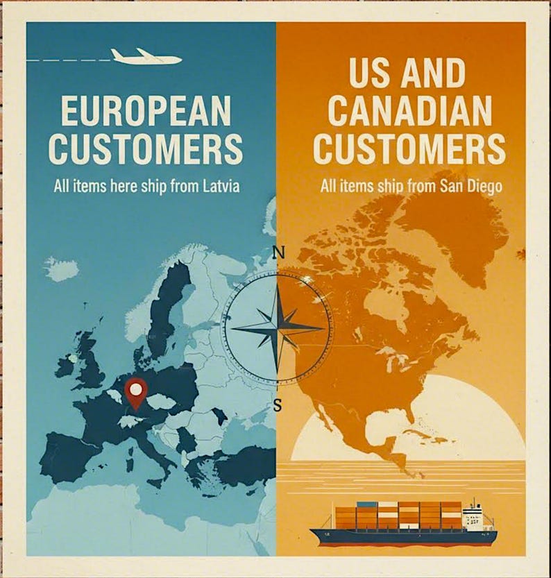 The image is a collage of two maps, one showing European customers and the other showing US and Canadian customers. The maps are divided into two sections, with the European map on the left and the US and Canadian customers map on the right. The image also includes a ship and a compass, suggesting a maritime theme.