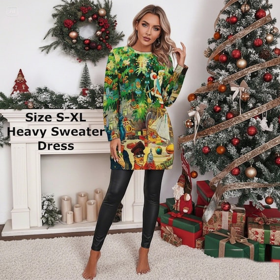 Vintage Christmas Litho Print Heavy Women's Long Sleeve Sweater Dress