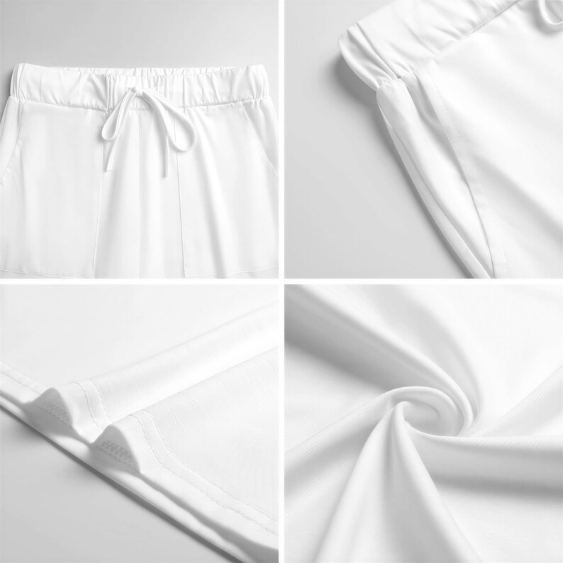 The image is a collage of four photos showing different aspects of a white pair of pants, including the waistband, fabric texture, and the overall design.