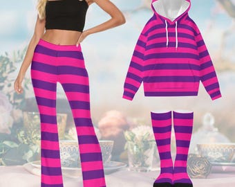 Grinsekatzen Schlaghose, Leichter Hoodie mit Ohren, Socken, Alice im Wunderland, Geschenk für Sie, Halloween Kostüm für Erwachsene, Halloween ++Y