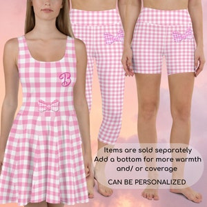 Barb Pink Doll Dress Personalized Hit Summer Movie Pink Skater Dress Gingham Halloween Dress Cosplay Gift for Her Birthday Party Capris ++Y