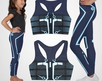 Vêtements de danse personnalisés Tron pour enfants et adolescents Vêtements de sport Tron Legacy Halloween Cosplay Outfit Tron Ride Party à thème Soutien-gorge de sport Crop Top Leggings