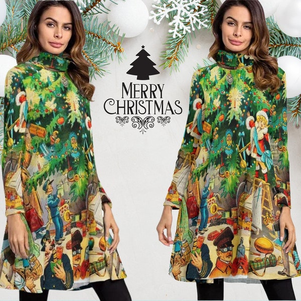 Vintage Christmas Sweater Dress, Victorian Christmas Dress, Vintage 1902 Lithograph Women's Turtleneck Dress, Christmas Present Gift for Her