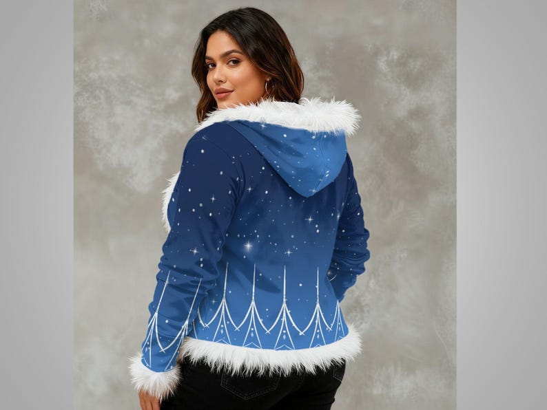 May include: A blue hooded jacket with a starry night design and white detailing. The jacket has a faux fur trim on the hood and cuffs, and a white decorative pattern along the hem. The jacket is a winter-themed garment.