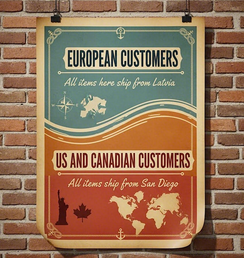 A poster with text and illustrations related to shipping and customer preferences, hanging on a brick wall.