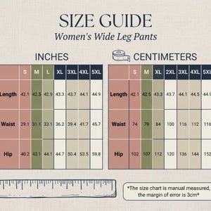 The image is a size guide for women's wide leg pants, providing measurements for different waist sizes and hip measurements.