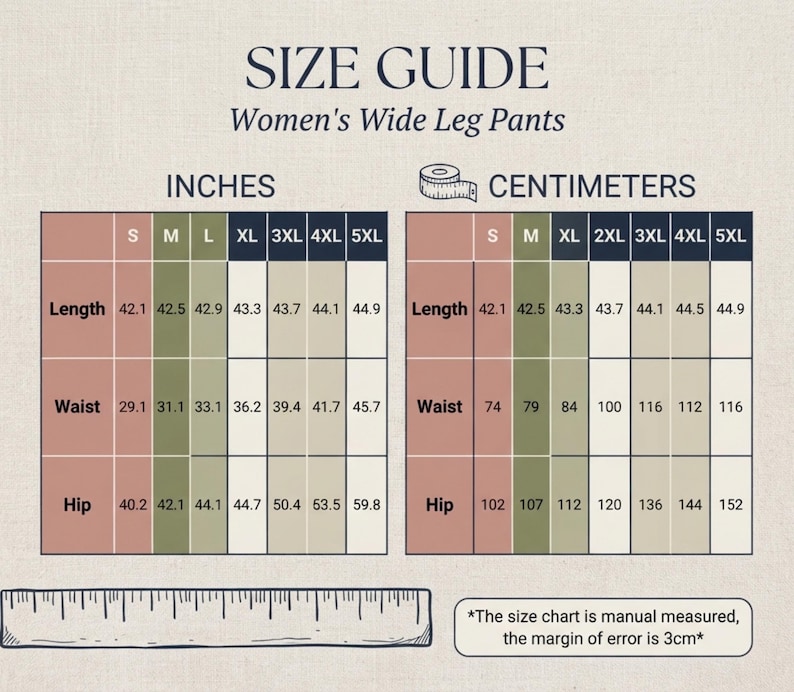 The image is a size guide for women's wide leg pants, providing measurements for different waist sizes and hip measurements.