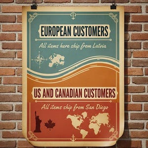 A poster with text and illustrations related to shipping and customer preferences, hanging on a brick wall.