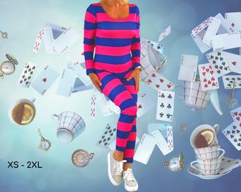 Cheshire Cat Inspired Striped Catsuit - Alice in Wonderland Costume (Size M)