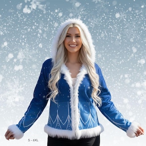May include: A blue jacket with white faux fur trim and a hood. The jacket features a snowflake design and is available in sizes S-6XL. The model is wearing the jacket in front of a snowy background.