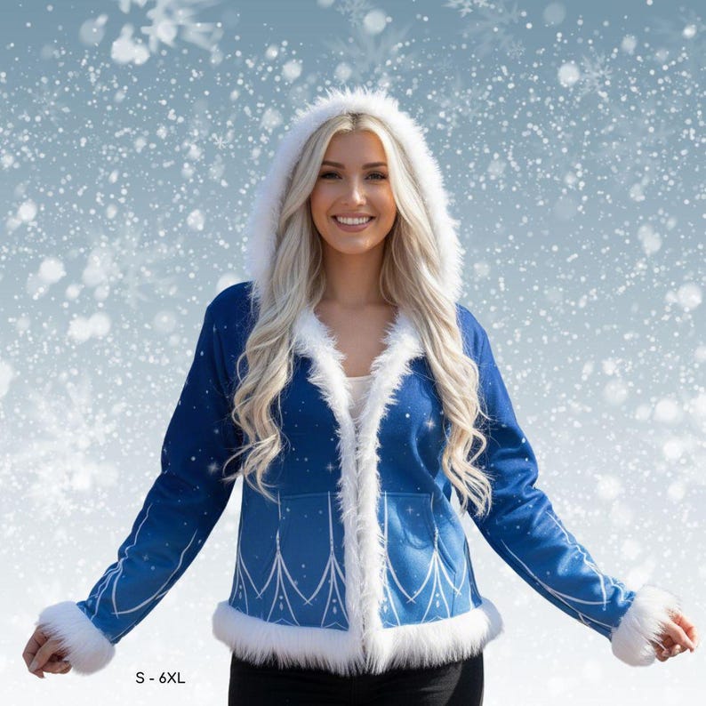 May include: A blue jacket with white faux fur trim and a hood. The jacket features a snowflake design and is available in sizes S-6XL. The model is wearing the jacket in front of a snowy background.