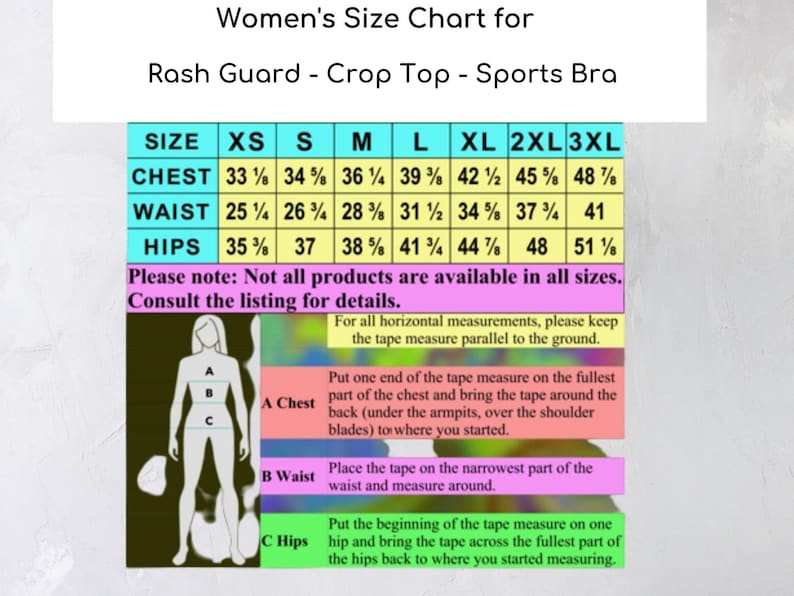 a women's size chart for the top sports bra