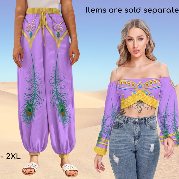 Princess Jasmine Inspired Purple Gold Accents Women's Pants & matchings Tops, Cosplay, Birthday Party, Adult Halloween Costume, Gift for Her