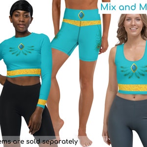 Jasmine Aladdin Inspired Sports Clothing Crop Top, Long Sleeve Crop top & Yoga Shorts, Gift for Her, Christmas, Cosplay, Halloween, Bound
