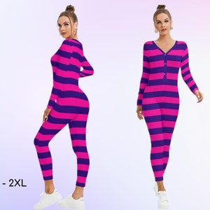 Alice in Wonderland Cheshire Cat Inspired Women's Plunging Neck Jumpsuit, Cosplay, Adult Halloween Costume, Gift for Her, Cosplay Catsuit