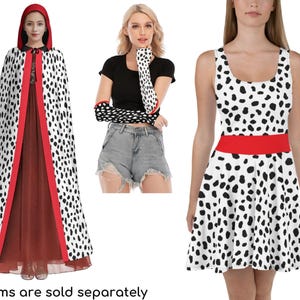 Cruel lady De Vil Inspired Unisex Hooded Cloak/Cape, Skater Dress, Fingerless Gloves,