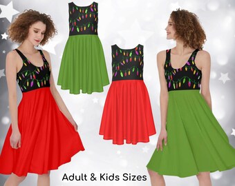 Christmas Dress Skater Style for Adults & Kids in Red and Green,