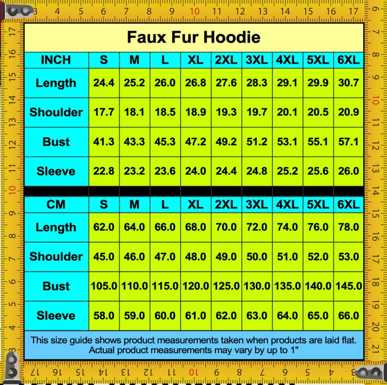 The image is a size guide for a faux fur hoodie, providing measurements for different sizes such as S, M, L, XL, 2XL, 3XL, 4XL, 5XL, and 6XL. The guide includes the length, shoulder, bust, and sleeve measurements for each size, as well as the corresponding cm measurements. The guide also mentions that actual product measurements may vary by up to 1".