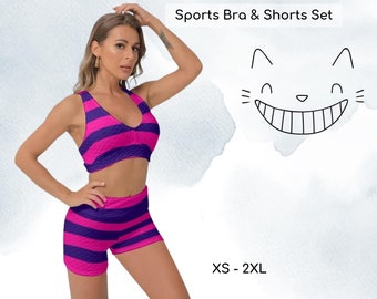 Cheshire Cat Inspired Sports Bra & Sports Shorts Set,  Halloween Costume, Honeycomb Fabric, Yoga Set, Cosplay Apparel, Halloween Costume