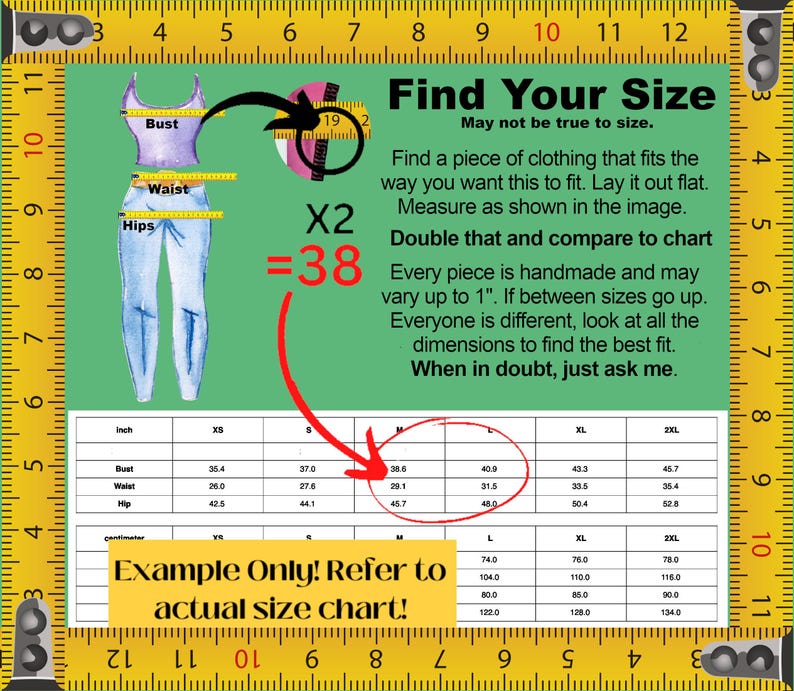 The image is a guide to finding one's size, providing a chart with measurements and a calculator to help determine the best-fitting clothing size.