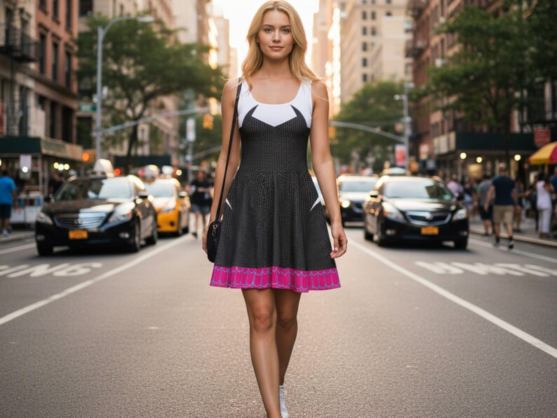 May include: A black and white patterned dress with a white top and a pink hem. The dress is sleeveless and has a flared skirt. A black purse hangs from the shoulder. The background shows a city street with cars and buildings.