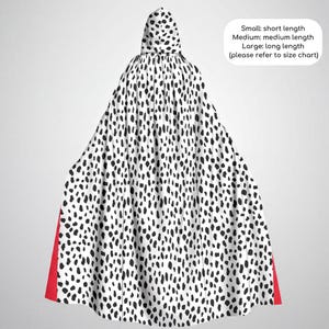 Cruella DeVil, Hooded Spotted Cloak - Unisex Adult Cape | Microfiber Or Scuba Fabric | Lengths S M L