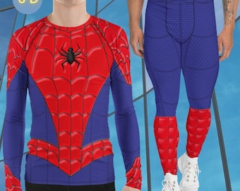 Könnte beinhalten: Ein langärmeliges Kompressionsshirt und eine passende Leggings mit einem rot-blauen Spinnennetz-Muster und einem schwarzen Spinnenemblem auf der Brust. Der Stoff weist in den blauen Bereichen ein strukturiertes Wabenmuster auf.