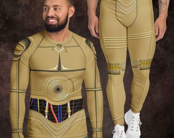 Star War C-3PO Men's Rash Guard & Leggings Adventures Droid Running Costume Halloween Cosplay