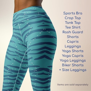 May include: Teal leggings with a dark blue zebra stripe pattern and white speckles. The image also lists various activewear options, including sports bras, crop tops, and yoga shorts. Items are sold separately.