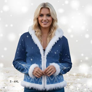 May include: A blue hooded jacket with white faux fur trim and a celestial design. The jacket features a zipper closure and is decorated with white star and snowflake patterns. Sizes available: S - 6XL.