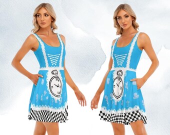 Alice in Wonderland Inspired Blue Dress w/ Pockets, Mad Hatter Tea Party, Halloween Costume,