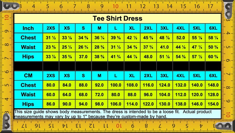 a ruler with a chart of tee shirt sizes