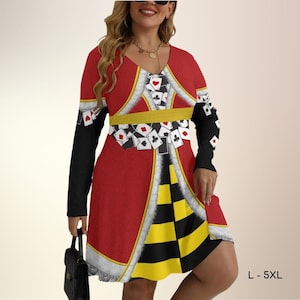 Robe Alice au Pays des Merveilles Grande Taille Femme Mardi Gras Robe d'Halloween Robe Cosplay Robe de Cartes à Jouer Méchante Reine Alice Chapelier Fou