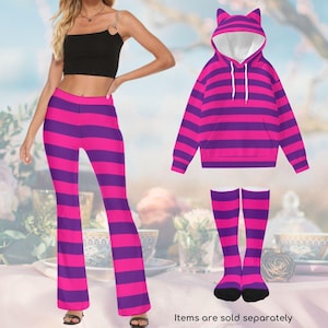 Cheshire Cat Flare-broek, lichtgewicht hoodie met oren, sokken, Alice in Wonderland,